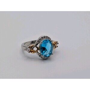 Swiss Blue Topaz Oval Birthstone CZ Heart Ring 14k Gold Plated 925 Sterling Ring